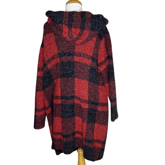 Natural Reflections Red & Black Hooded Plaid Cardigan Coat Duster, Soft, Size 1X - Picture 2 of 5